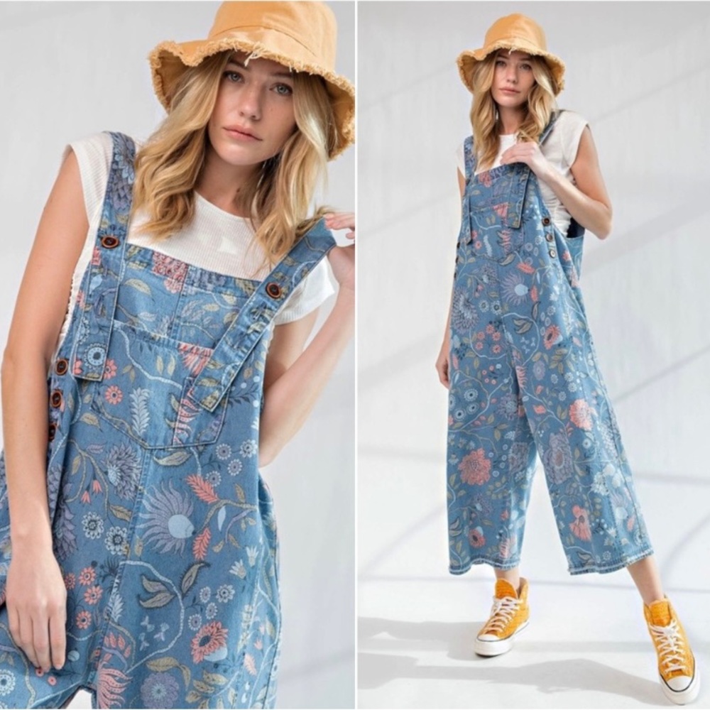 Easel Vintage Blue Washed Denim Floral Overall Jumpsuit